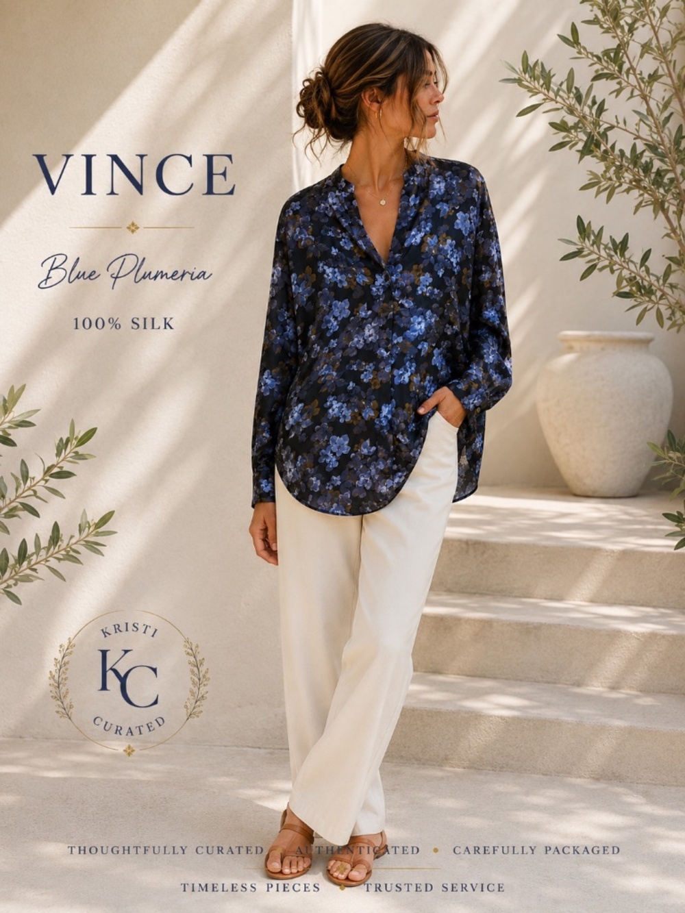 Vince Blue Plumeria Floral 100% Silk Blouse Navy Size XL Like New
